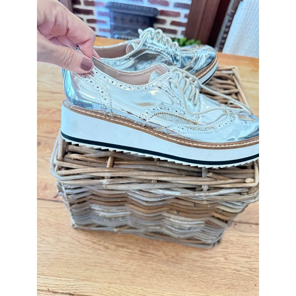 Metallic Silver Platform Oxford Wingtip Brogue Lace Up Shoes 7.5 38